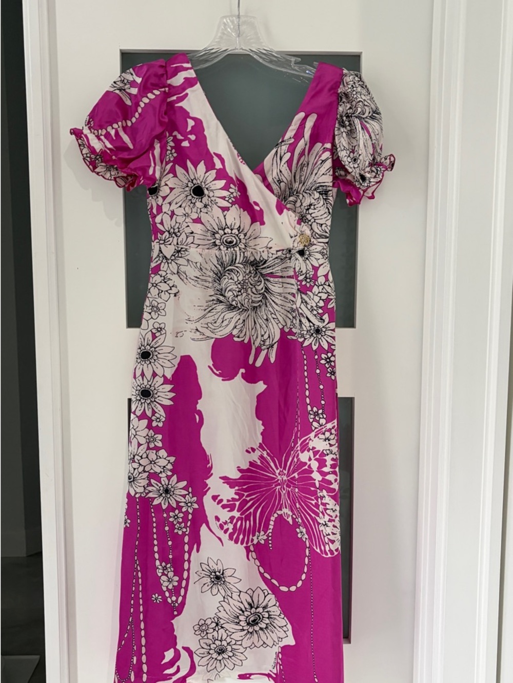 Roberto Cavalli Fuchsia and White Floral Wrap Maxi Dress size L but runs small.